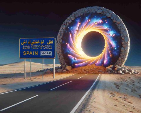 Realistic high-definition image of an unusual tourist attraction based on cosmic themes in Spain. This intriguing attraction began its journey with a simple sign which radiates an enigmatic charm enticing visitors to explore, thereby becoming Spain's latest sensation.