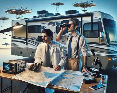 An incredibly detailed and realistic high-definition photograph showcasing two siblings, a South Asian man and a Caucasian man, on the hunt for unidentified aerial phenomena (UAPs). They have successfully transformed their recreational vehicle (RV) into a mobile scientific laboratory dedicated to their cause. Display the RV equipped with various high-tech equipment, the brothers with binoculars and charts, analyzing the skies with determination and anticipation.