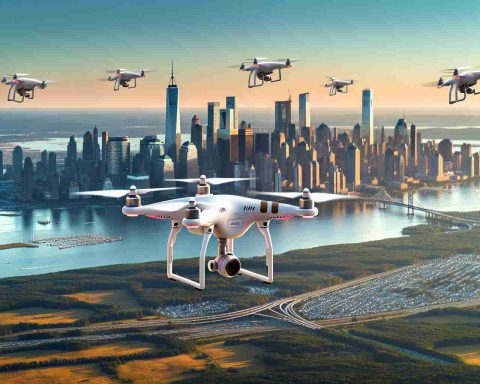 Generate a high-definition, realistic image of several drones flying freely in the sprawling suburban landscape of New Jersey. Capture the fine details of these mechanized wonders against a backdrop of the various spectacles this region has to offer. Incorporate the raw beauty of the skyline leading to the horizon to embody a scene filled with curiosity and wonder about what lies beyond the reaches of our sight.