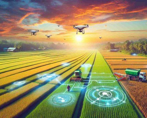 Generate a realistic high definition image illustrating the merging of technology and agriculture. Picture a large rice farm in Bangladesh, with an expansive green, golden, or brown field, depending on the harvest season. Include farmers using modern technology, such as drones or robotic harvesters, to enhance their productivity. The background should depict a serene rural skyline, perhaps with a setting or rising sun casting warm hues across the landscape. Try to capture a sense of optimism and the potential of technology to transform traditional practices.