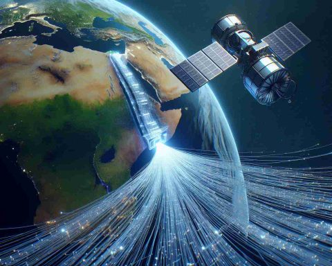 Realistic, high-definition representation of the concept 'Starlink: A Game-Changer for Internet in Africa'. This should be depicted as a surge of digital information streaming from a series of low earth orbit satellites to the African continent. Please also feature a price tag with a surprisingly low cost attached.