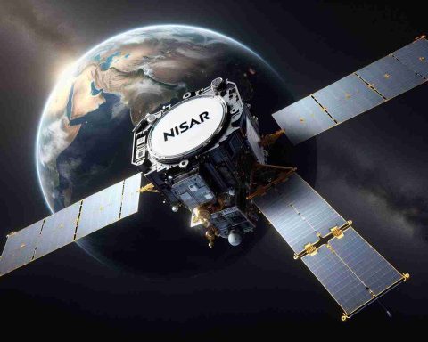 A high-definition image of a groundbreaking satellite called NISAR, floating amidst the inky black stretch of space. The insignia of NISAR is prominently displayed. The satellite is equipped with various high-tech features and instruments which sets it apart from others and suggests its potential to revolutionize the field of Earth observation. Emphasize the realistic appearance of the satellite as it hovers silently above the Earth: a slowly turning sphere below it, bathed in the soft light of our sun, casting parts of our world into contrasting swathes of bright light and dark shadow.