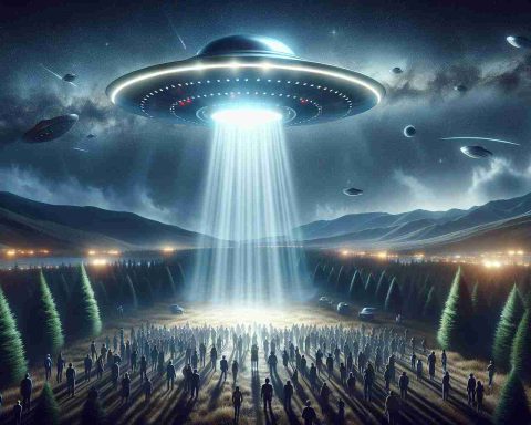 A realistic, high-definition image showcasing a UFO revelation concept. The scene includes a mysterious unidentified flying object hovering high in the night sky, shining bright beams downwards. The underlying landscape is dotted with people of different descents and genders looking up in surprise and intrigue. The atmosphere is filled with suspense and wonder. Imagine a banner at the top of the image that reads, 'Is the Truth About UFOs Finally Unveiled?' and a subtext at the bottom saying, 'Prepare for Surprises!' All rendered in a hyper-realistic style.