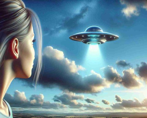 A highly realistic, high-definition illustration of a remarkable encounter with an Unidentified Flying Object (UFO) in the clear daytime sky. The view is from a female onlooker's perspective, her eyes wide in disbelief as she beholds the unearthly sight. The UFO is of classic design, a round metallic object with blinking lights, radiating an other-worldly glow and hovering silently against the background of the azure sky peppered with fluffy clouds.