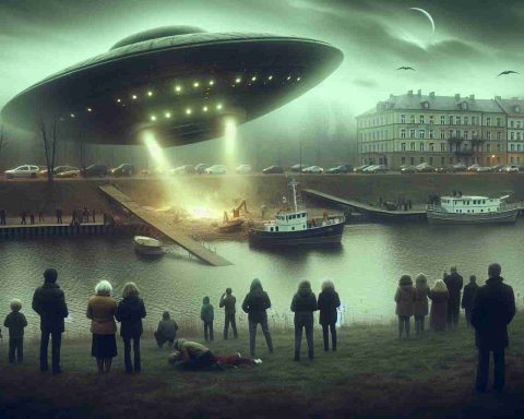 Generate a realistic high-definition image depicting a mysterious event from the past in Gdynia, a city on the Baltic Sea Coast of Poland. Show a strange object, possibly unidentified, that has crashed, thereby alluding to the concept of a UFO. The scene should be filled with tension and uncertainty, with local residents observing in awe and the scene cast under an eerie, unnatural light.