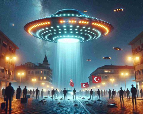 High definition, realistic image capturing a scene of a UFO incident in Turkey where the unidentified flying object appears to vanish mysteriously. The overall atmosphere is permeated with tension, against a backdrop of a clear night sky. The UFO itself is a classic saucer shape with radiant lights that gradually fade or blink out to illustrate the 'disappearance'. The surroundings should include Turkish landmark or urban buildings subtly implying the location. Bystanders, displaying a range of emotions, can be present observing the incident.