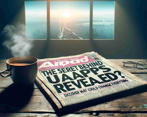 An artistic concept of a panoramic view with a tabloid newspaper headline reading 'The Secret Behind UAPs Revealed? Discover What Could Change Everything'. The newspaper should seem to be placed on a weathered wooden table alongside a half-filled cup of steaming coffee. The scene is lit by early morning sunlight filtering through the semi-closed window blinds.