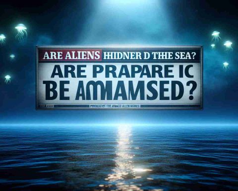 A realistic high-definition image of an astonishing headline that reads: 'Are aliens hiding under the sea? Prepare to be amazed'. The backdrop to this headline can be a dark underwater scene, gently illumined by mysterious extraterrestrial lights, signifying a hint of alien presence in the tranquil oceanic depths.