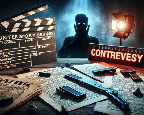 A high-definition image representing the surprise and controversy of an untold story behind a contentious film. It features a movie clapper, scripts scattered around, a silhouetted figure expressing shock, and headlines implying controversy. The setting is a dimly lit, moody room hinting at secrecy and revelations.