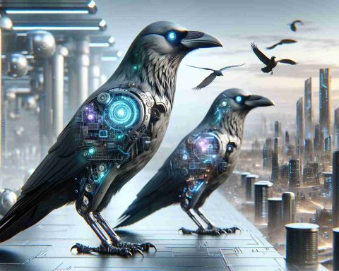 High-definition, realistic picture depicting a futuristic scene. The focus is on intelligent ravens, enhanced with advanced AI technology. These ravens are not ordinary, but upgraded with elements of future technology, showcasing an amalgamation of biology and machinery. Also in the scene is a clear depiction of a futuristic city or environment in the background that aligns with the advanced, high-tech atmosphere.