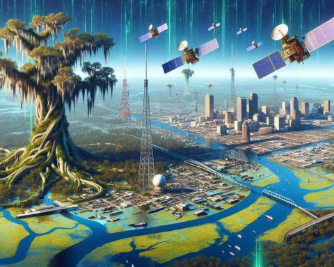 A vivid and high-definition depiction of a hypothetical scenario where Chinese satellites are impacting Louisiana. The scene captures a surprising outcome - possibly technological advancements shown in infrastructure, communication, or daily life. The landscape balances urban areas of Louisiana, bayous, live oaks draped with Spanish moss, and modern satellite imagery. The satellites are visually interpreted as foreign with Chinese characteristics.