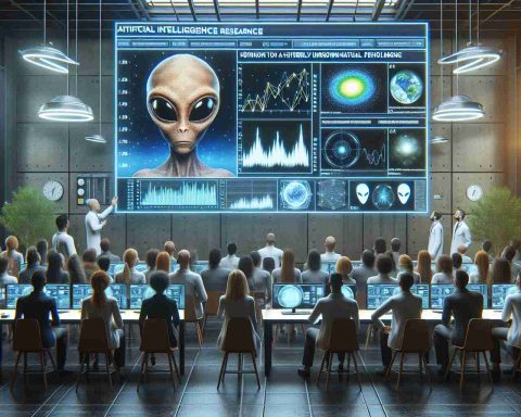 Generate a high-definition, realistic image showing a scene where Artificial Intelligence research has led to an explanation of reported alien sightings. The scene should represent a state-of-the-art technology lab, with a large screen displaying analyzed data that indicates the origin of these sightings as a hitherto unknown natural phenomenon, debunking the alien myth. Include diverse researchers from varying descents such as Caucasian, Hispanic, and Asian, with a balanced representation of both male and female scientists. Also, incorporate some curious onlookers peering in from outside the lab, apparently astounded by the revelation.