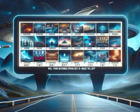 A realistic high-definition image featuring a large screen or billboard presenting a show called 'Interstellar Voyages'. On the screen, snapshots of various episodes are displayed, including thrilling adventures, emotional dramas, and mysteriously unfolding plot twists. With exciting promotional text: 'Exploring the Peaks and Valleys of Interstellar Voyages! Will Your Beloved Episode Make the List?'