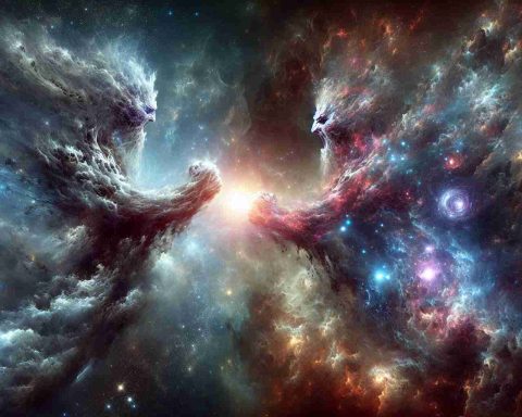 Generate a realistic, high-definition image portraying an ultimate showdown between two colossal entities in outer space. One entity could be a gigantic, pulsating nebula-like creature, its body filled with the sparkling gases and stardust, casting an ethereal glow. The other could be a titan formed of solidified cosmic matter, its stony body adorned with swirling galaxies and twinkling star clusters. They are engaged in a head-to-head battle, emanating raw power and energy that distorts the cosmic landscape around them, juxtaposing the eternal tranquillity of the universe with their intense cosmic duel.