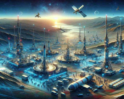 A realistic, high quality depiction of a notional space program set in a countries landscape resembling that found in Iran. Illustrate the dawn of a new era with cutting-edge, futuristic technologies on the brink of unveiling. Depict an array of advanced equipment, spacecrafts, satellites, and concerned personnel enthusiastically working on the prospects. Embed the atmosphere with hopeful, excited energy. Please ensure to abstain from incorporating any sort of political elements into the composition.