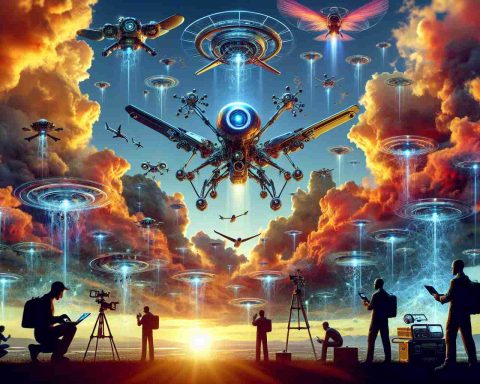 A vivid and realistic high definition image showing the concept of advanced artificial intelligence dominating the sky. There's an array of futuristic drones, showcasing the technology evolution, hovering against a backdrop of a sunset-lit cloudy sky. Below, enthusiasts and scientists are equipped with state-of-the-art devices, aiming to understand these unidentified flying objects better, hinting at an exciting yet uncertain future. The image also instills the juxtaposition of humans and technology by capturing the awe and intrigue on the faces of the observers.